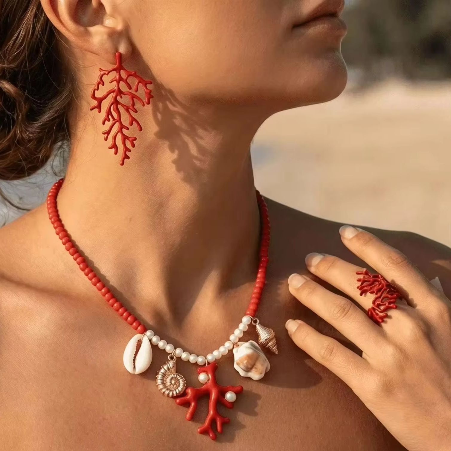 Bohemian Red Coral Branch Ring - Conch Earring Hoop recension och pris