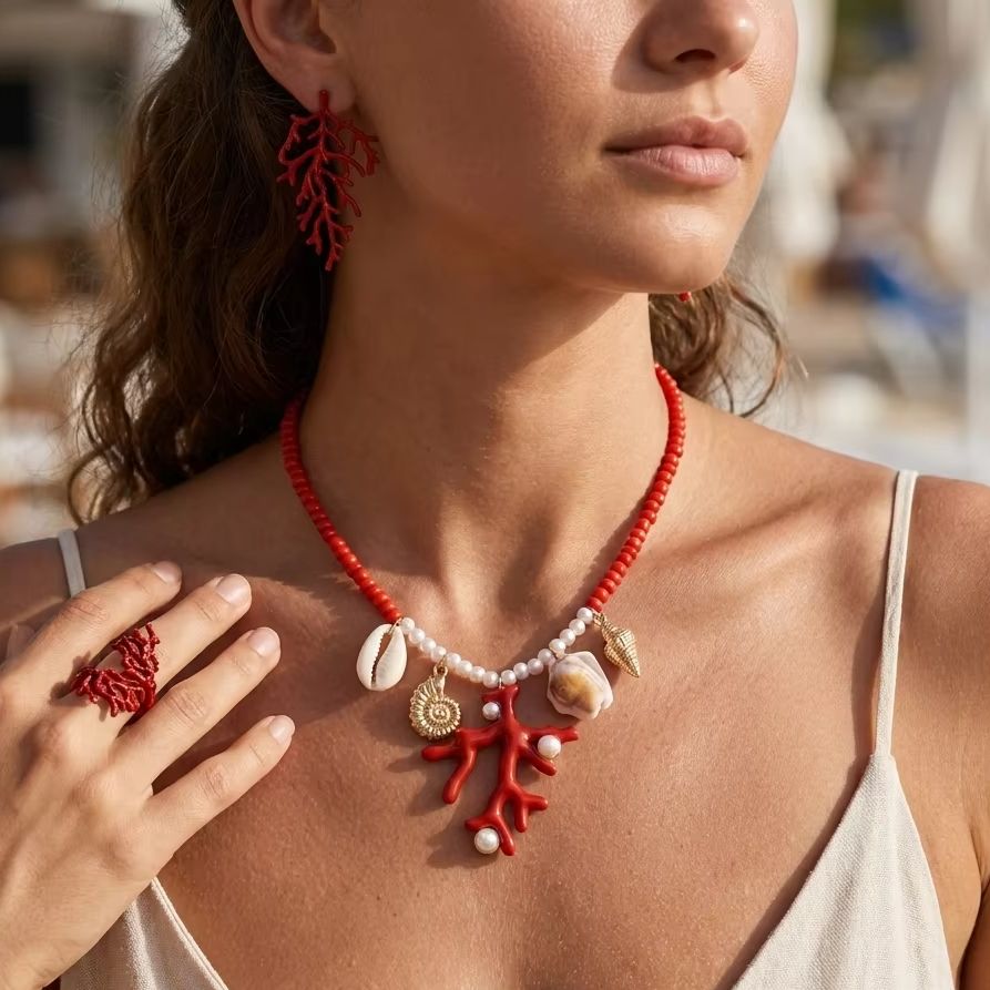 Bohemian Red Coral Branch Ring - Conch Earring Hoop recension och pris